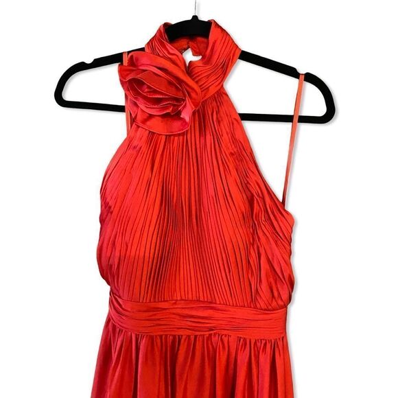 NWT Mac Duggal Red Soft Tie Halter Neck High Slit Gown dress rosette chiffon 0 - Picture 5 of 12